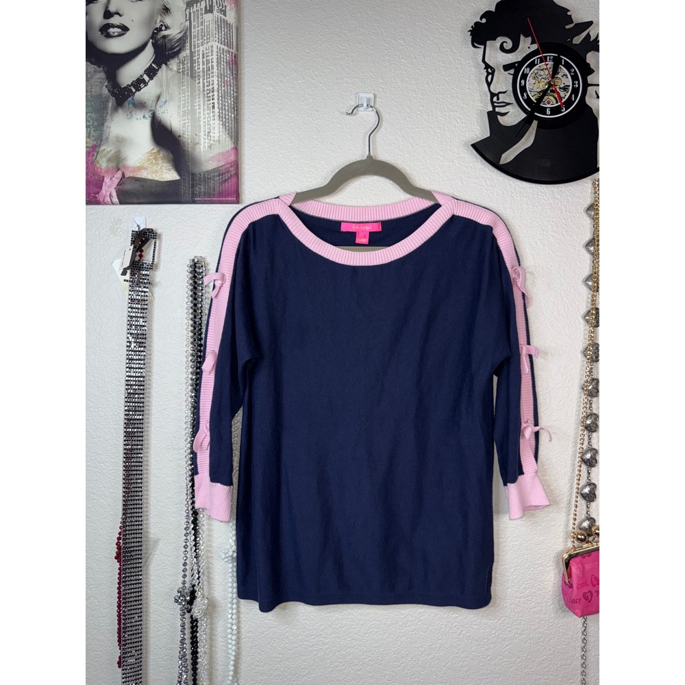 Lilly Pulitzer Sweater Womens Small Navy Blue Pink Bow Sleeve Boat Neck Coolmax